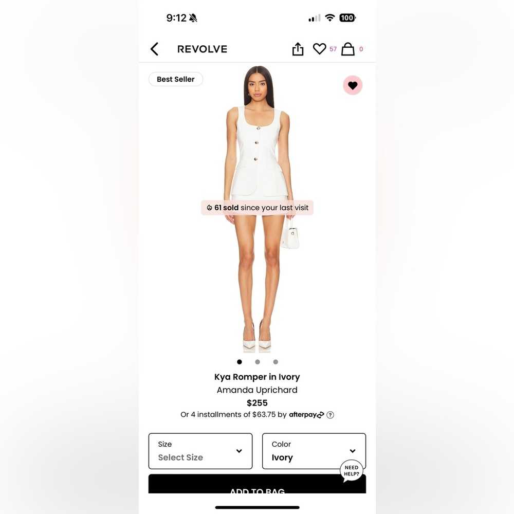 Kya Romper in Ivory. Amanda Uprichard. Size Medium